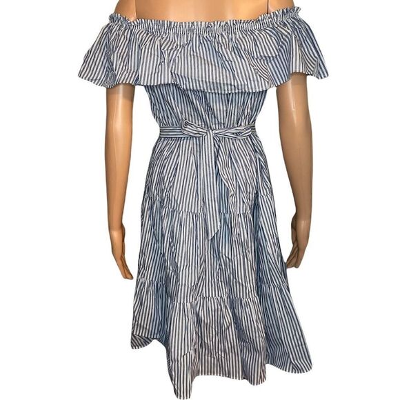 CREMIEUX Off The Shoulder Blue and White Pinstriped Dress - Picture 6 of 14